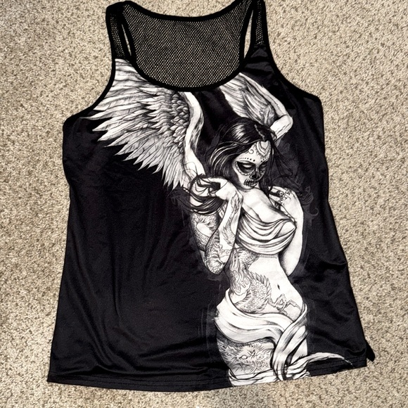 Black Goth tank top with mesh back and straps size Medium - Picture 2 of 3